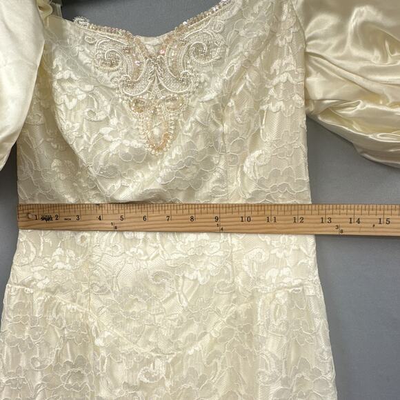 VTG 90s Formal Dress M Ivory Puff Sleeve Wedding Lace Glam Satin Union Prom US - Picture 12 of 16